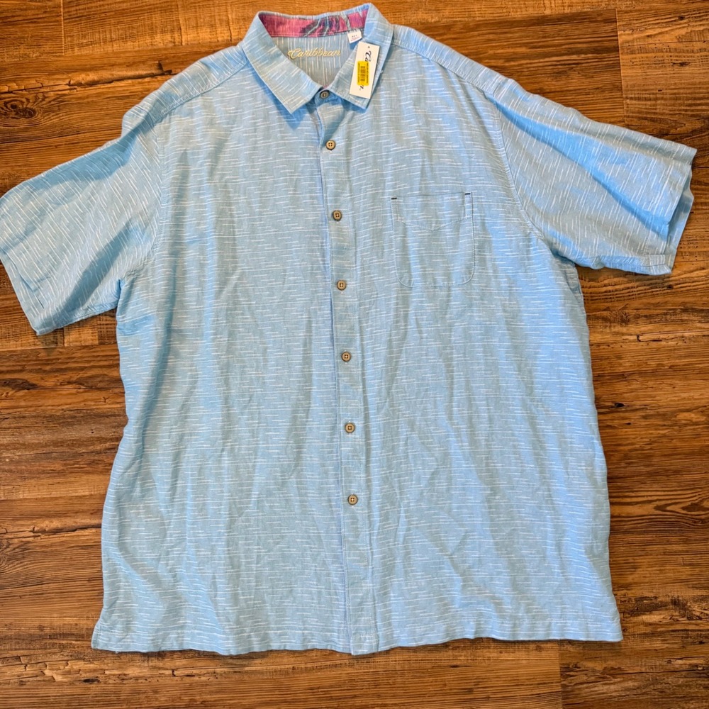 NWT Caribbean Button Down Shirt Mens 3XT Light Blue Linen Cotton Short Sleeve